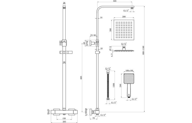 Corvus Thermostatic Bar Mixer w/Riser & Overhead Kit