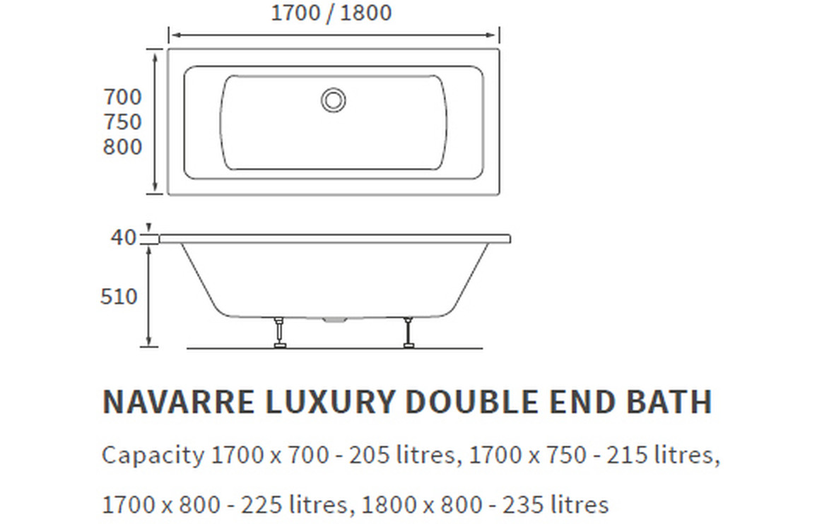 Navarre Square Double Ended 1700x700x550mm 0TH Bath w/Legs