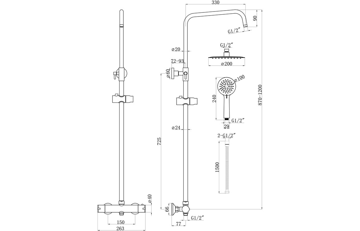 Vela Thermostatic Bar Mixer w/Riser & Overhead Kit