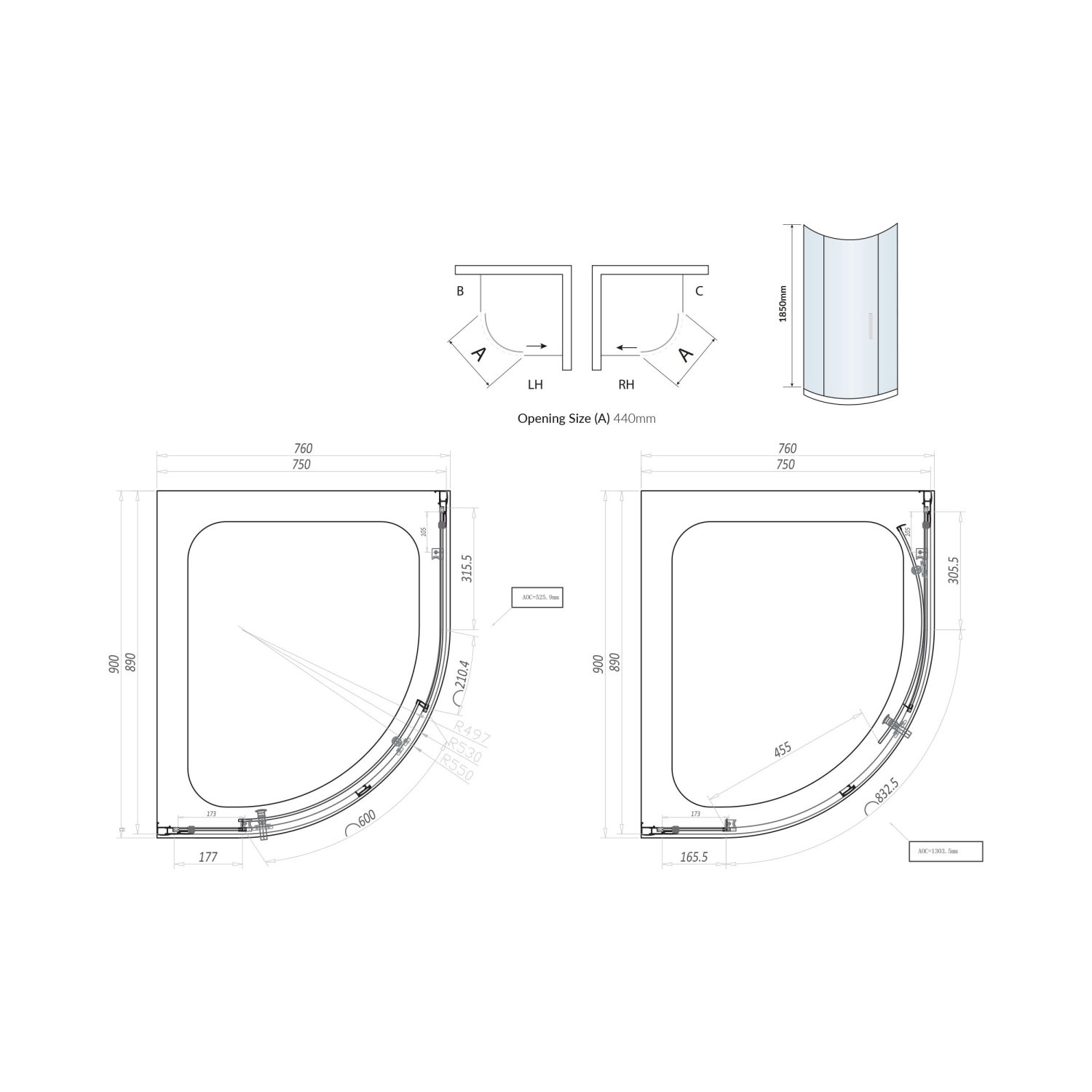 S6 Offset Quadrant 1 Door Glass Enclosure 900 x 760mm