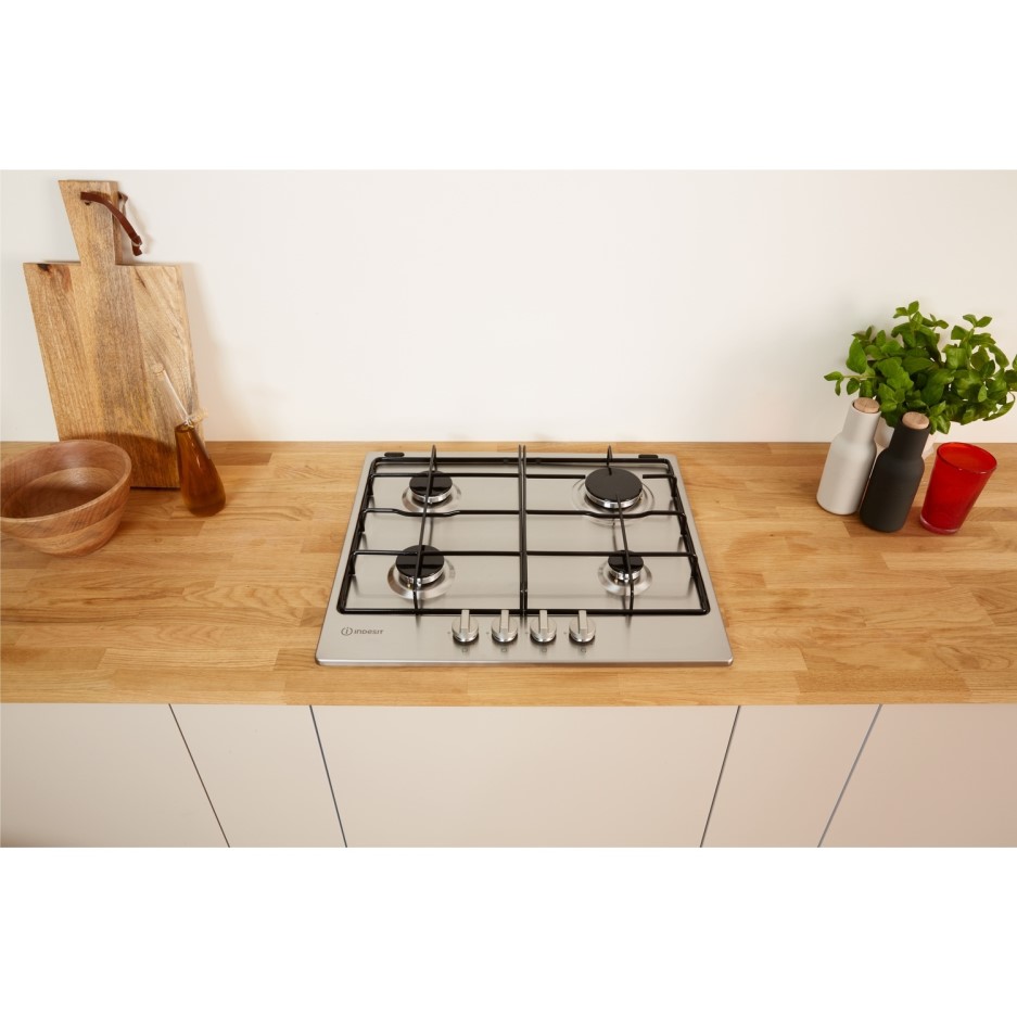 Indesit Aria 58cm 4 Burner Gas Hob with Enamel Pan Stands -Stainless Steel