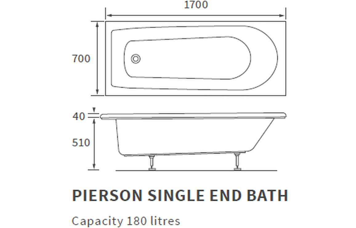 Pierson D Shape Single Ended 1700x700x550mm 2TH Bath w/Legs