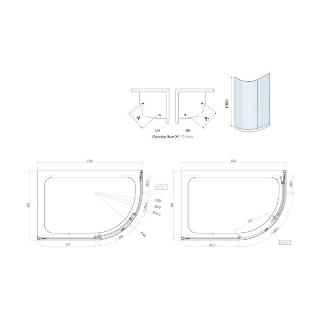 S8 Offset Quadrant 1 Door Glass Enclosure 1200 x 800mm