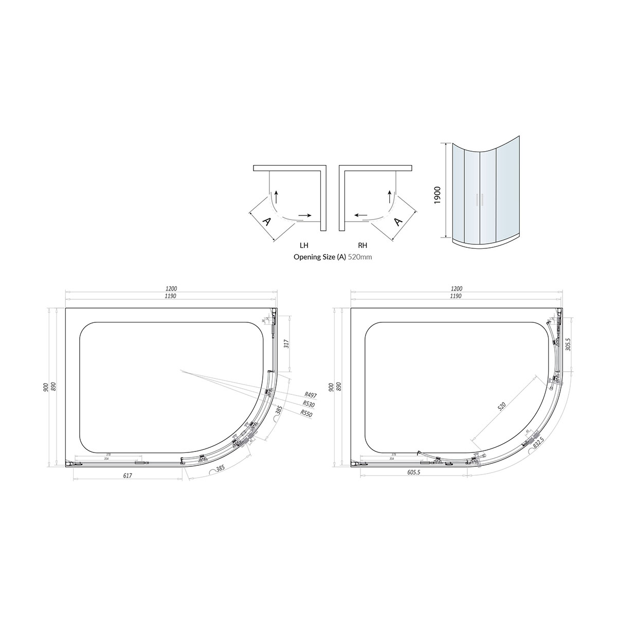 S8 Offset Quadrant 1 Door Glass Enclosure 1200 x 900mm