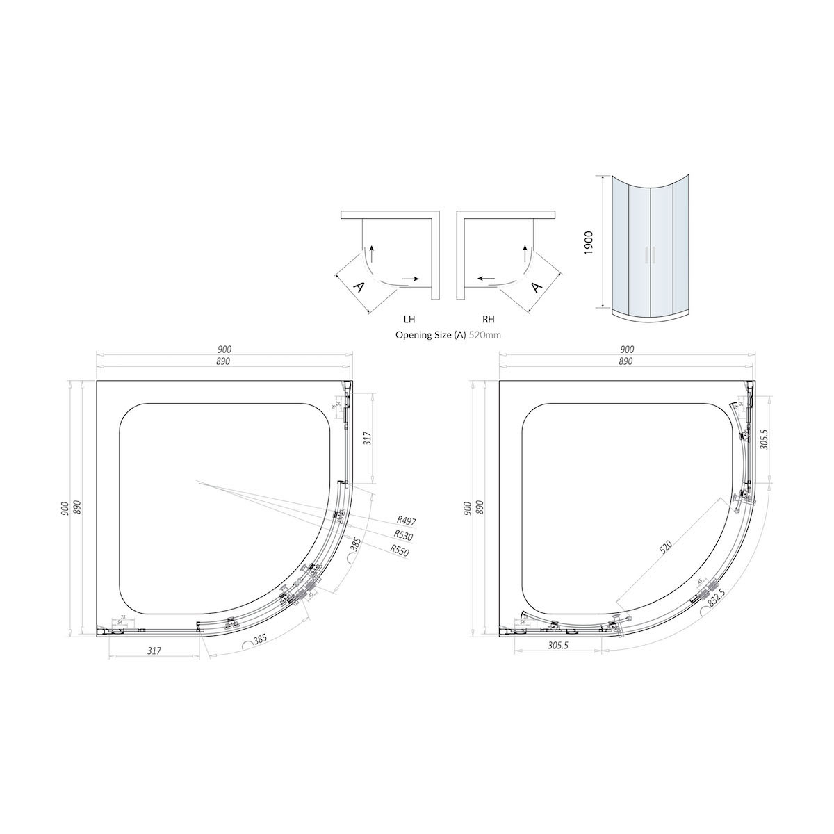S8 Quadrant 8mm Glass 1 Door Enclosure 900 x 900mm