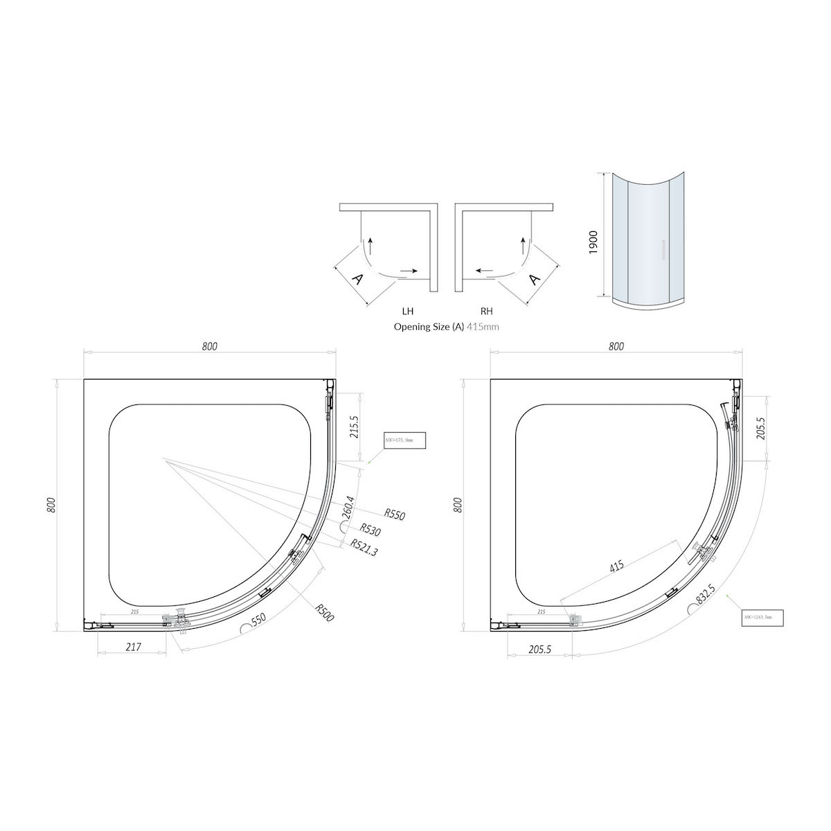 S8 Quadrant 8mm Glass 1 Door Enclosure 800 x 800mm