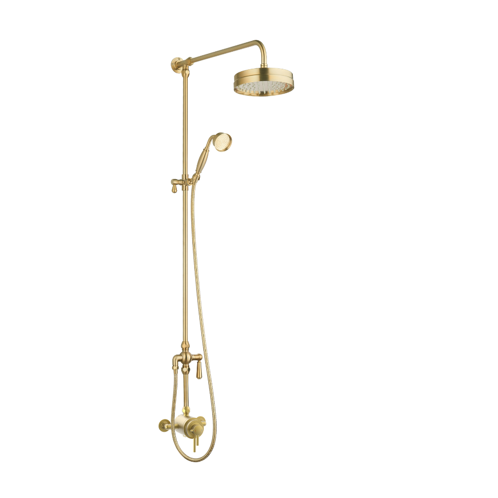 Beaumaris Brushed Brass Exposed Valve Traditional Overhead Shower Rail Kit