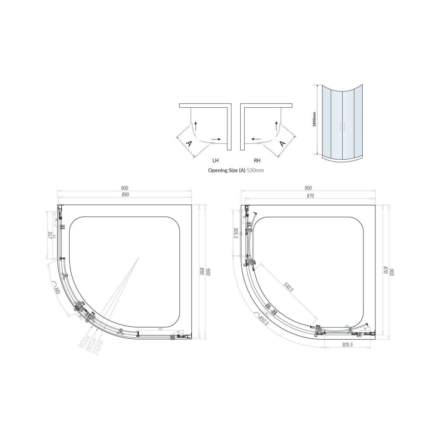 S6 Quadrant 6mm Glass 2 Door Enclosure - 900 x 900mm