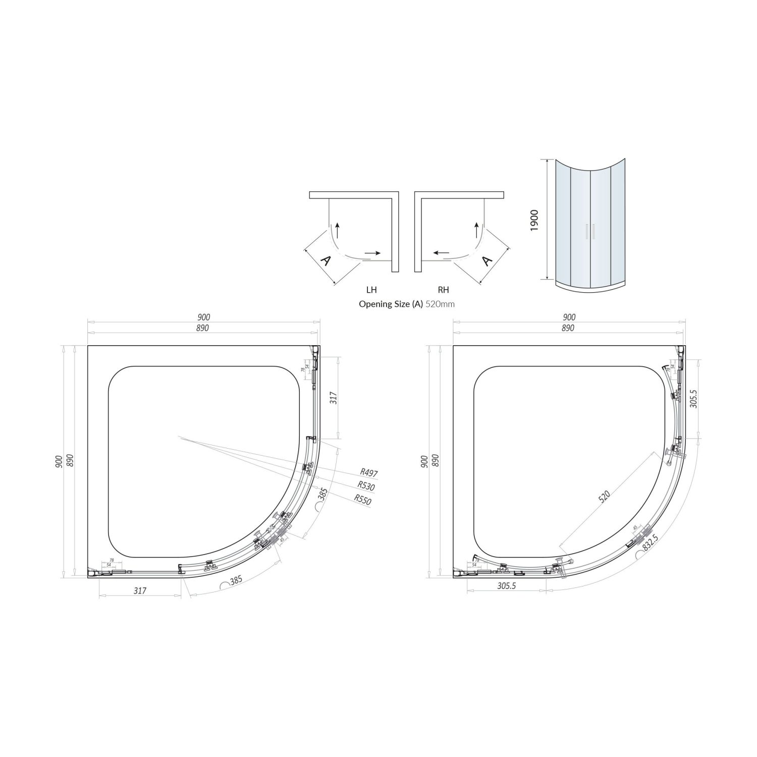 S8 Quadrant 8mm Glass 2 Door Enclosure 900 x 900mm