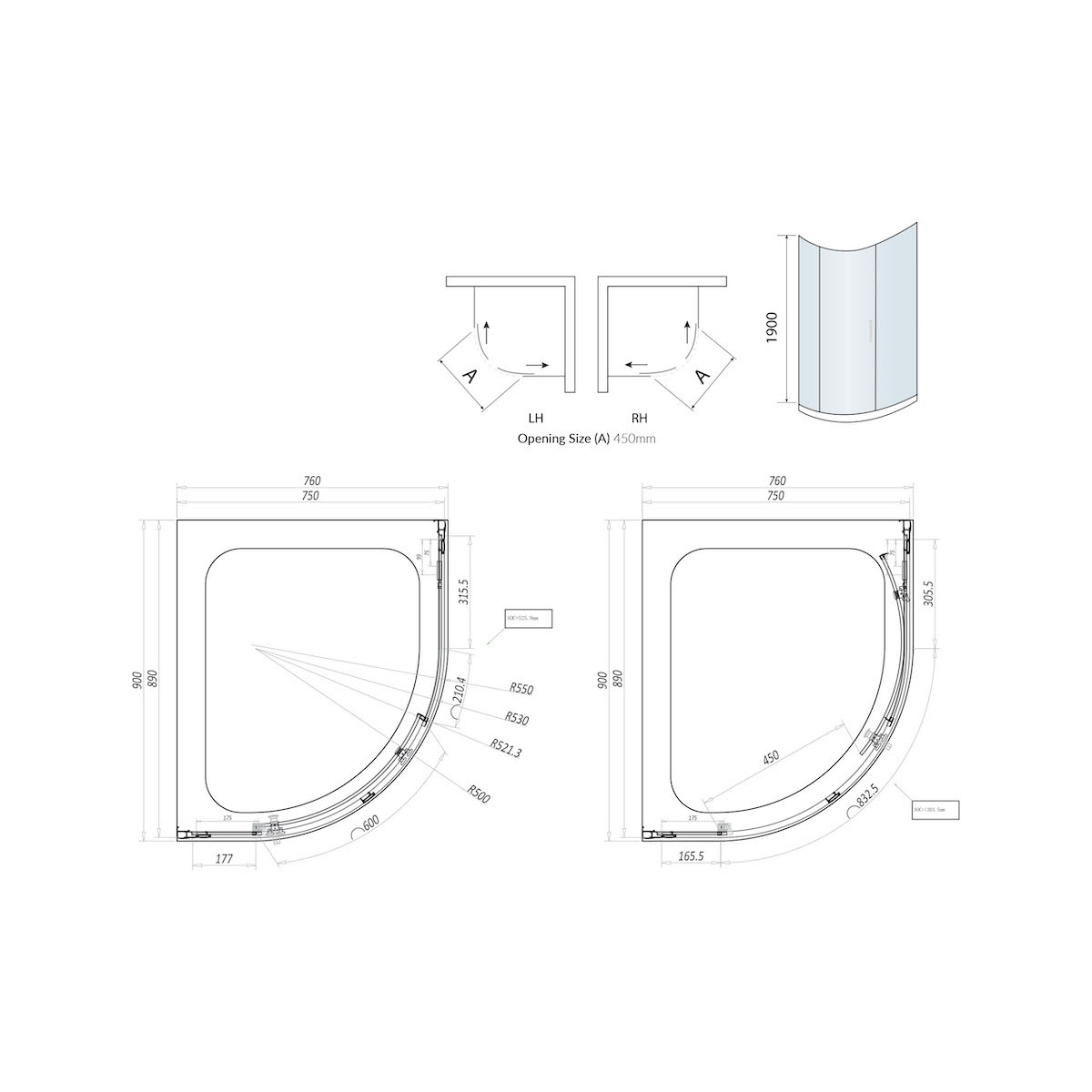 S8 Offset Quadrant 1 Door Glass Enclosure 1000 x 800mm